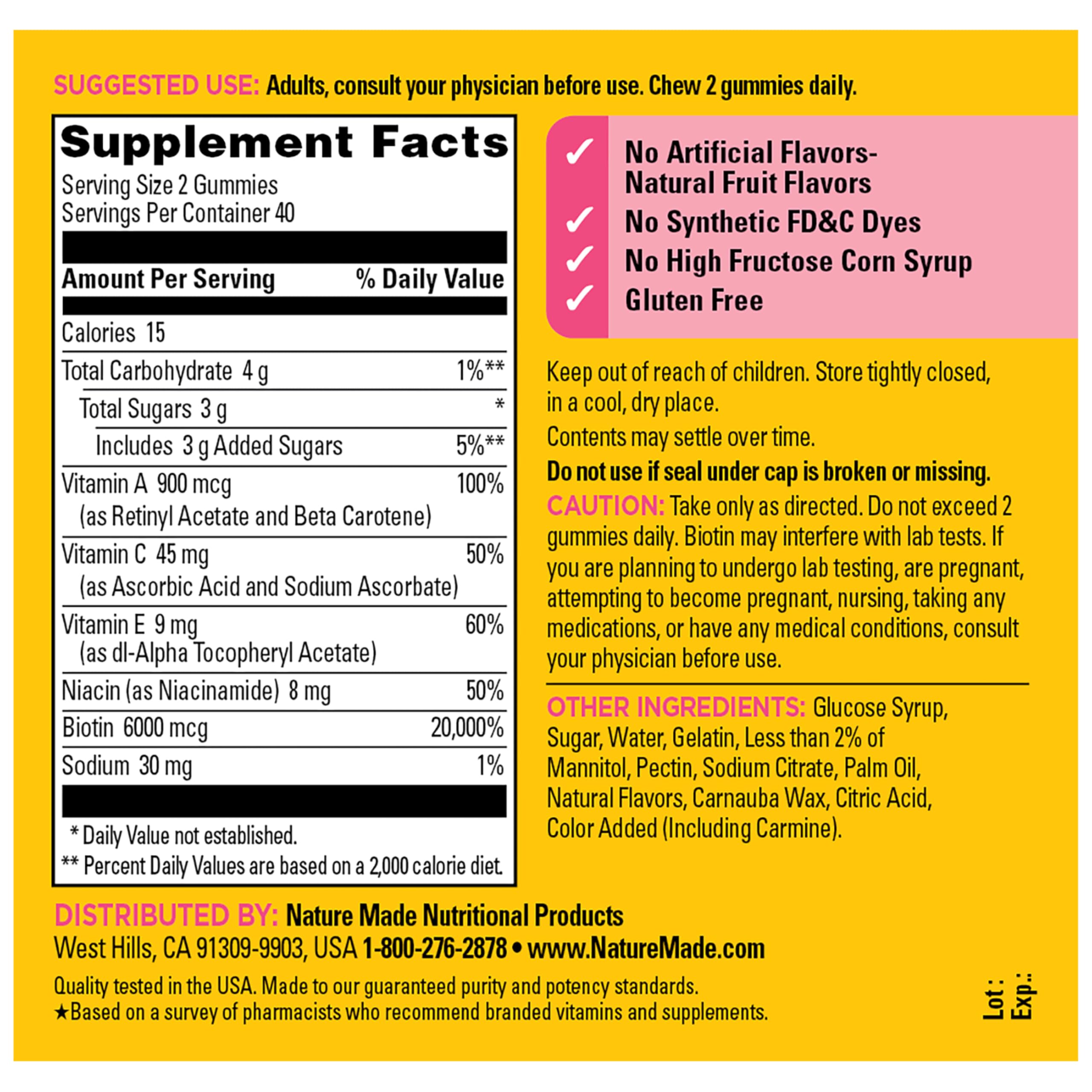 Nature Made Advanced Hair Skin and Nails Gummies, Biotin, Pro Retinol A, Niacinamide, Vitamin C & Vitamin E, 80 Gummies, 40 Day Supply - Image 7