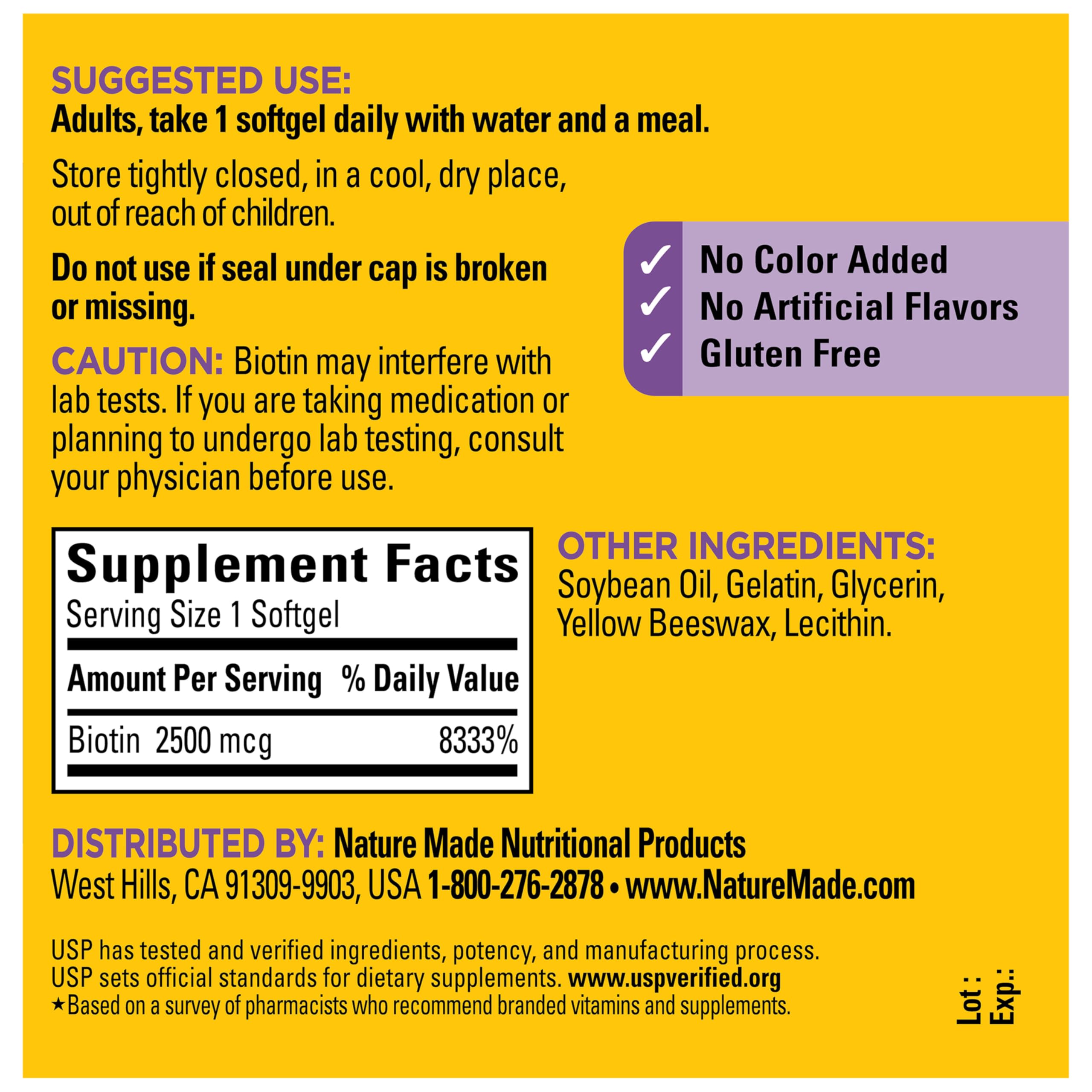 Nature Made Biotin 2500 mcg Extra Strength, Biotin Supplements Support Healthy Hair Skin & Nails, 150 Softgels, 150 Day Supply - Image 8