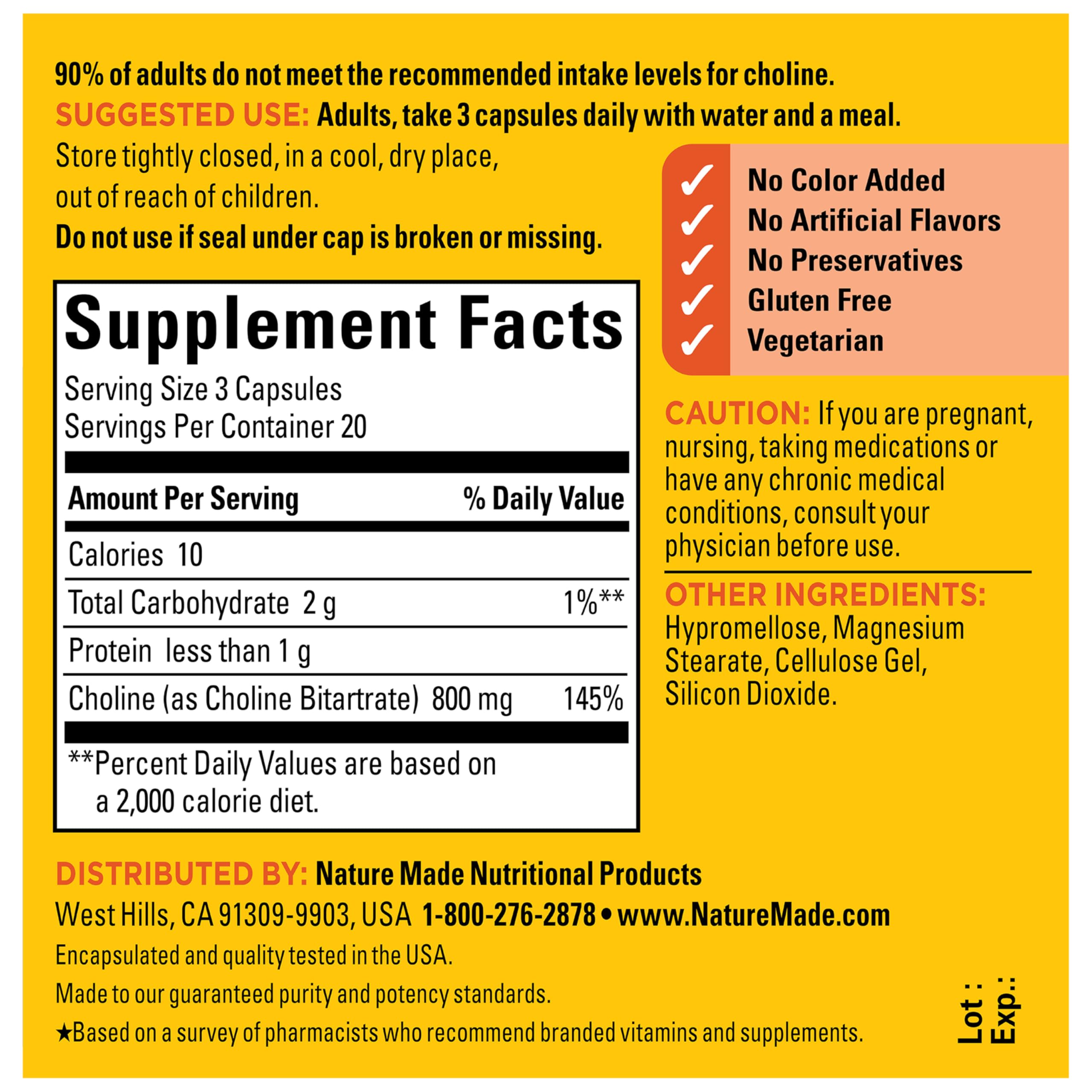 Nature Made Extra Strength Dosage Choline Supplements 800 Mg Per 3 Capsules, Brain Health, Mood, Muscle & Liver Support, Vegetarian, 60 Capsules, 20 Day Supply - Image 6