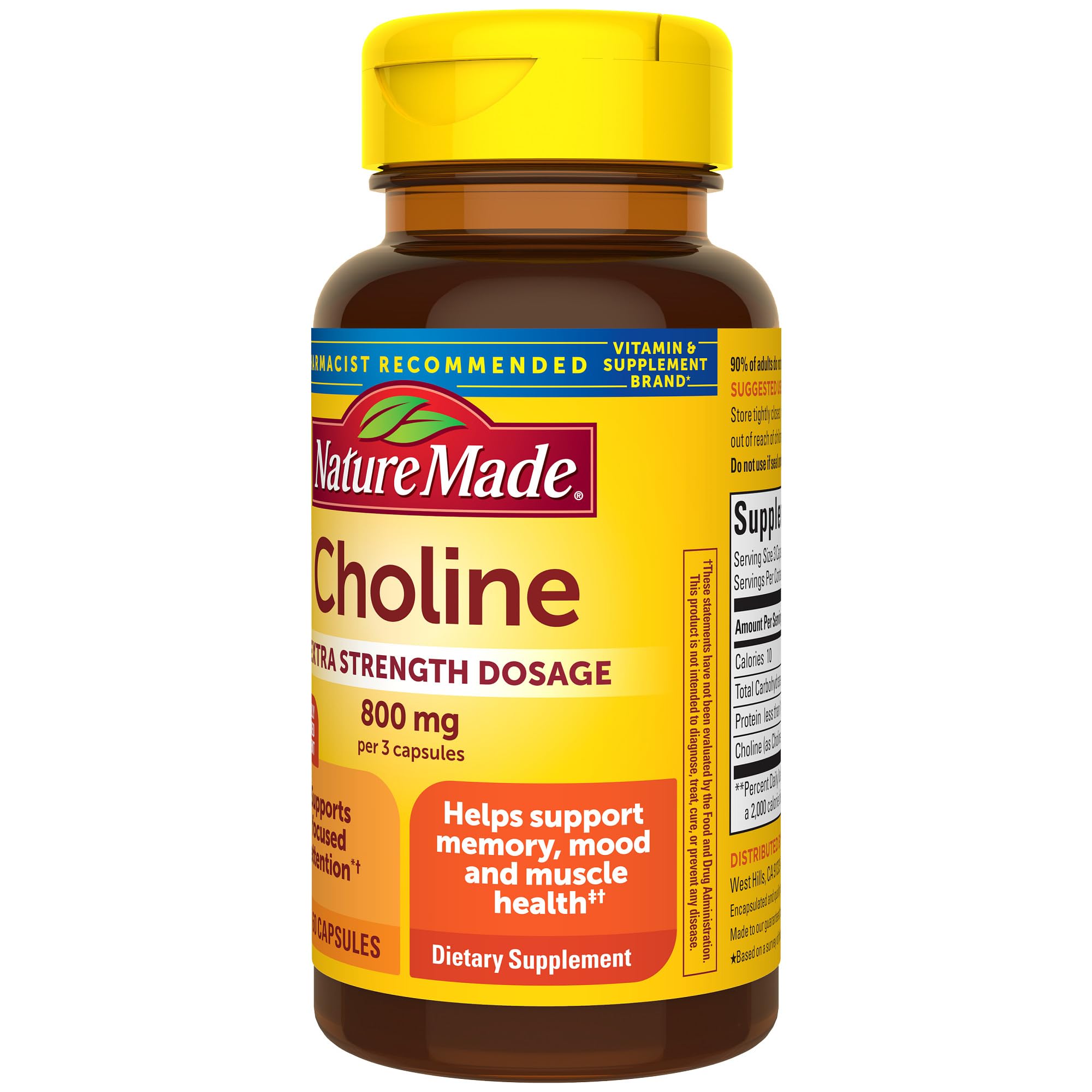 Nature Made Extra Strength Dosage Choline Supplements 800 Mg Per 3 Capsules, Brain Health, Mood, Muscle & Liver Support, Vegetarian, 60 Capsules, 20 Day Supply - Image 8