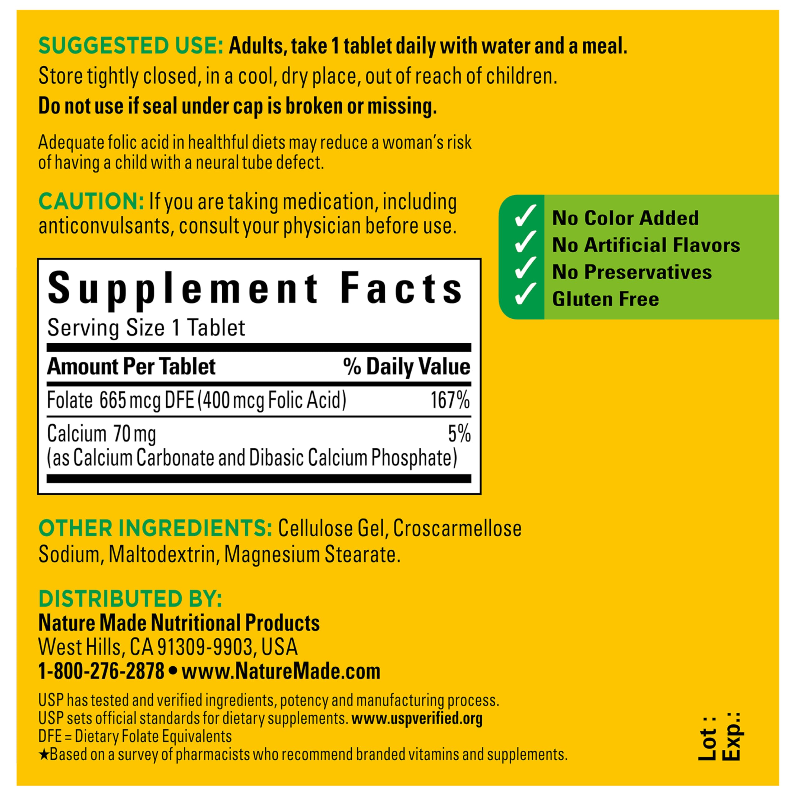 Nature Made Folic Acid 400 mcg (665 mcg DFE) Dietary Supplement for Nervous System Function, Folic Acid Supplements for Women and Men, 250 Tablets, 250 Day Supply - Image 6