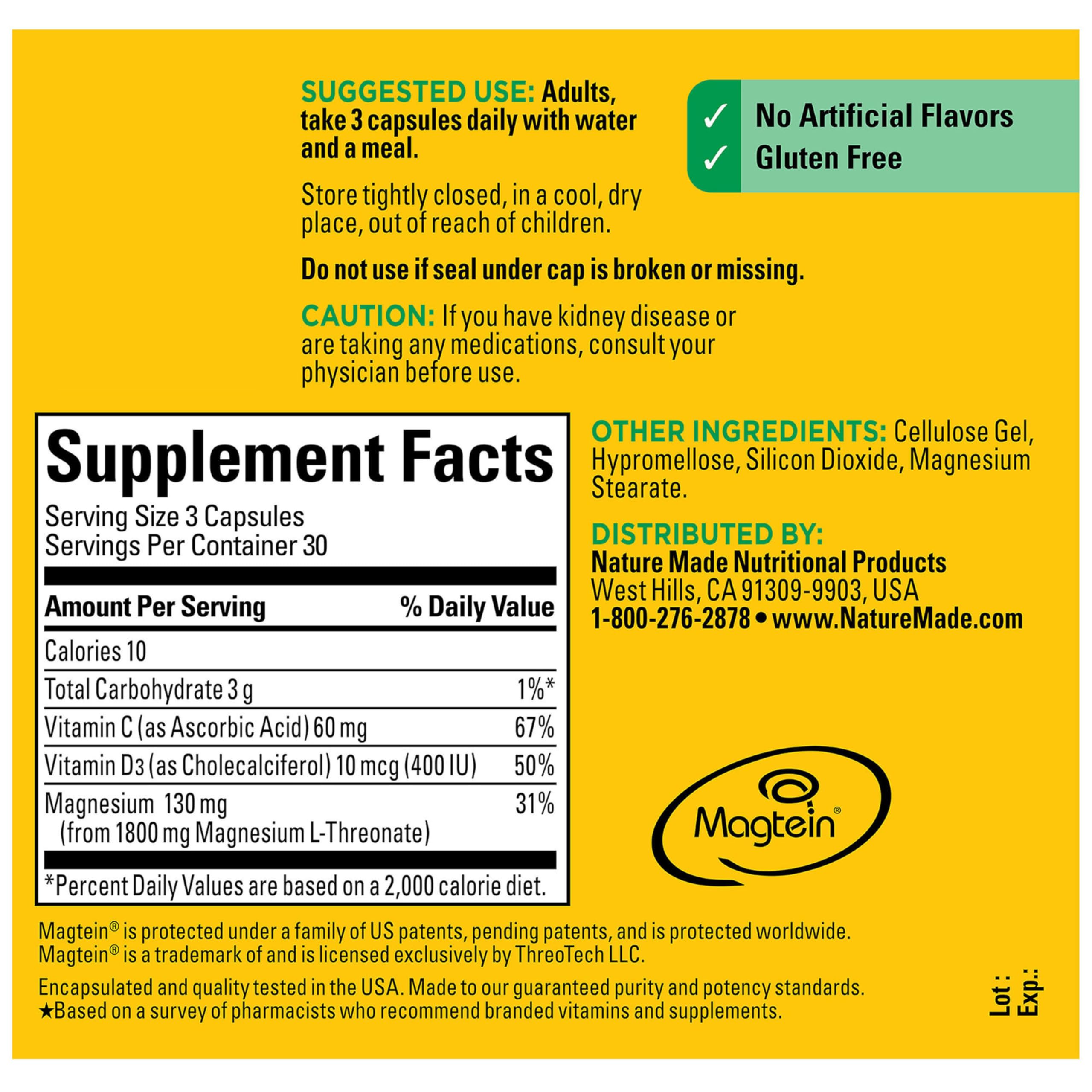 Nature Made Magnesium L-Threonate with Vitamin C & Vitamin D3, Provides 130 mg of Mag from 1800 mg Magnesium L Threonate, Cognitive Support Magnesium Supplement, 90 Capsules, 30 Day Supply - Image 8
