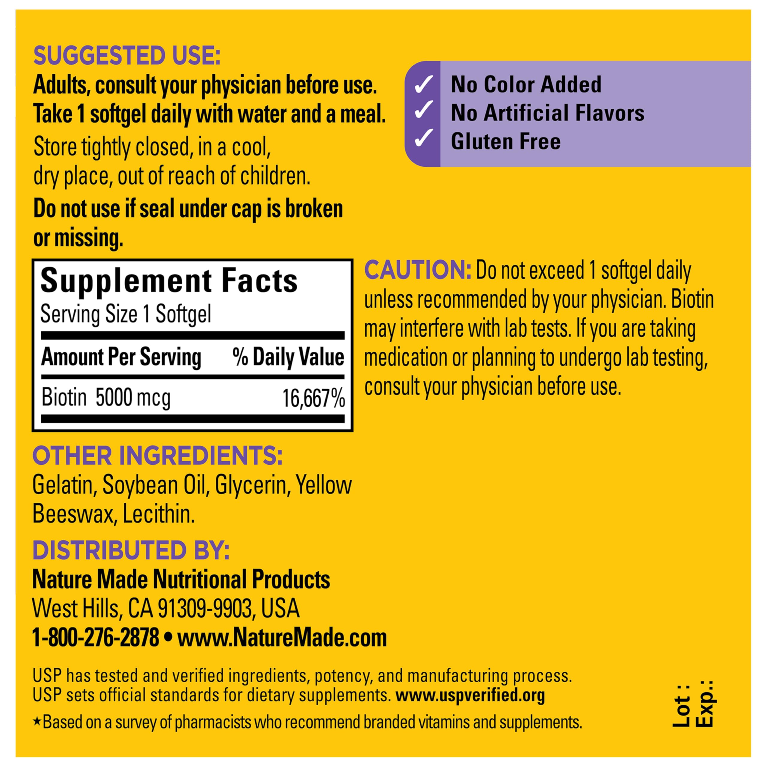 Nature Made Maximum Strength Biotin 5000 mcg Softgels, Biotin Hair Skin and Nails Vitamins Dietary Supplement, 120 Count - Image 8