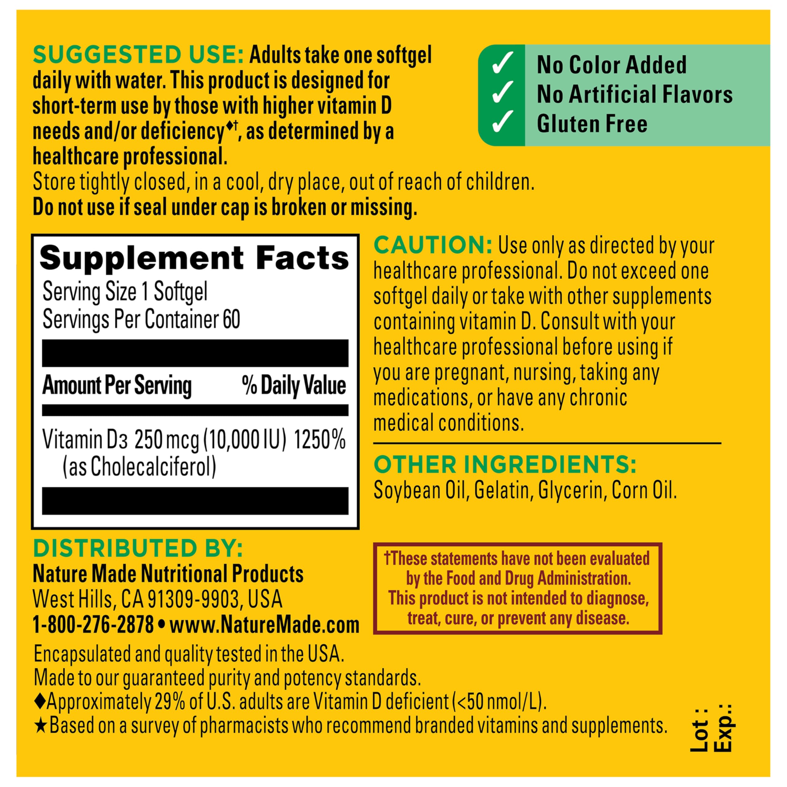 Nature Made Vitamin D3 10000 IU (250 mcg) Maximum Strength, Vitamin D Supplement for Bone and Immune Health Support, 60 Softgels, 60 Day Supply - Image 7