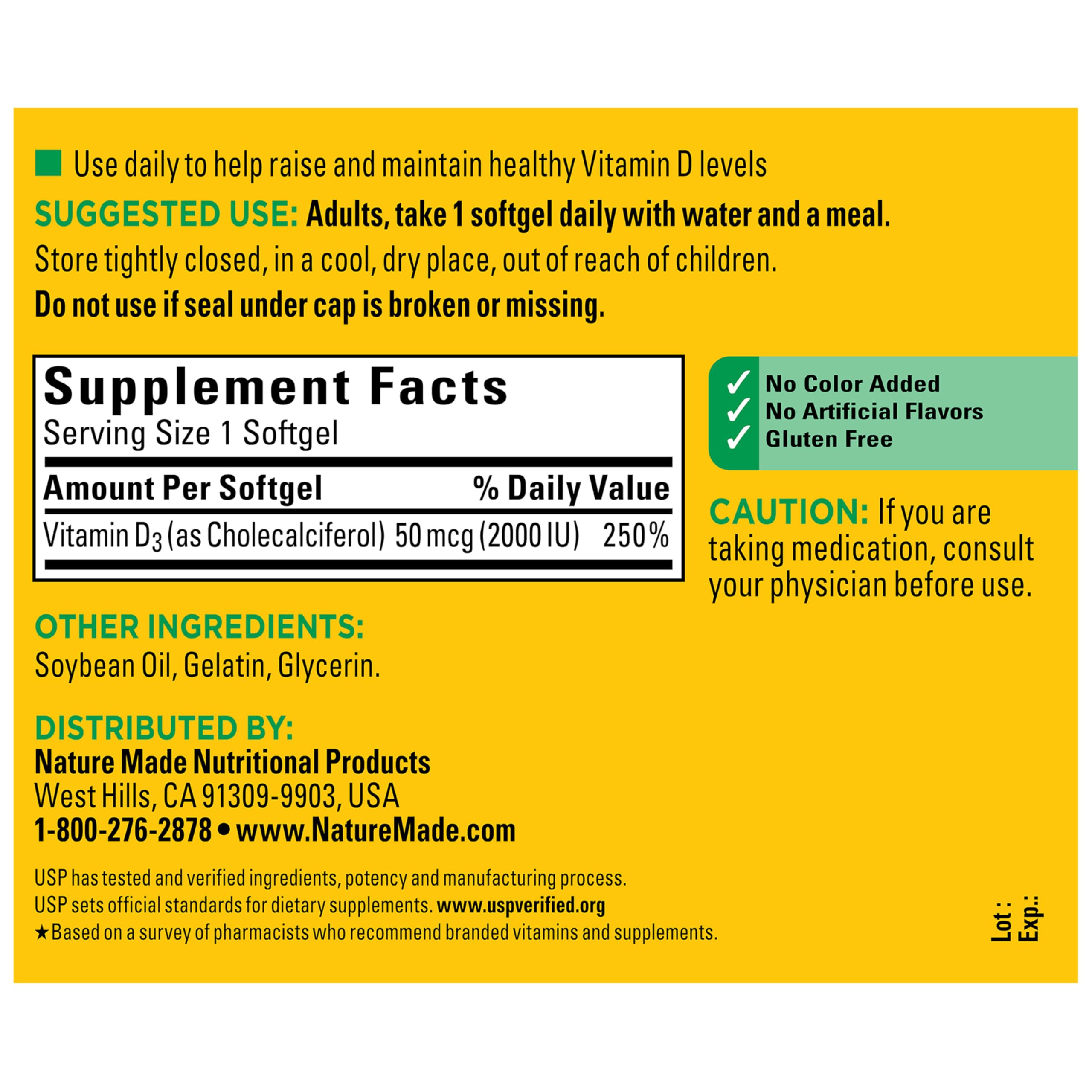 Nature Made Vitamin D3 2000 IU (50 mcg), Vitamin D Supplement for Bone, Teeth, Muscle and Immune Health Support, 250 Softgels, 250 Day Supply - Image 6