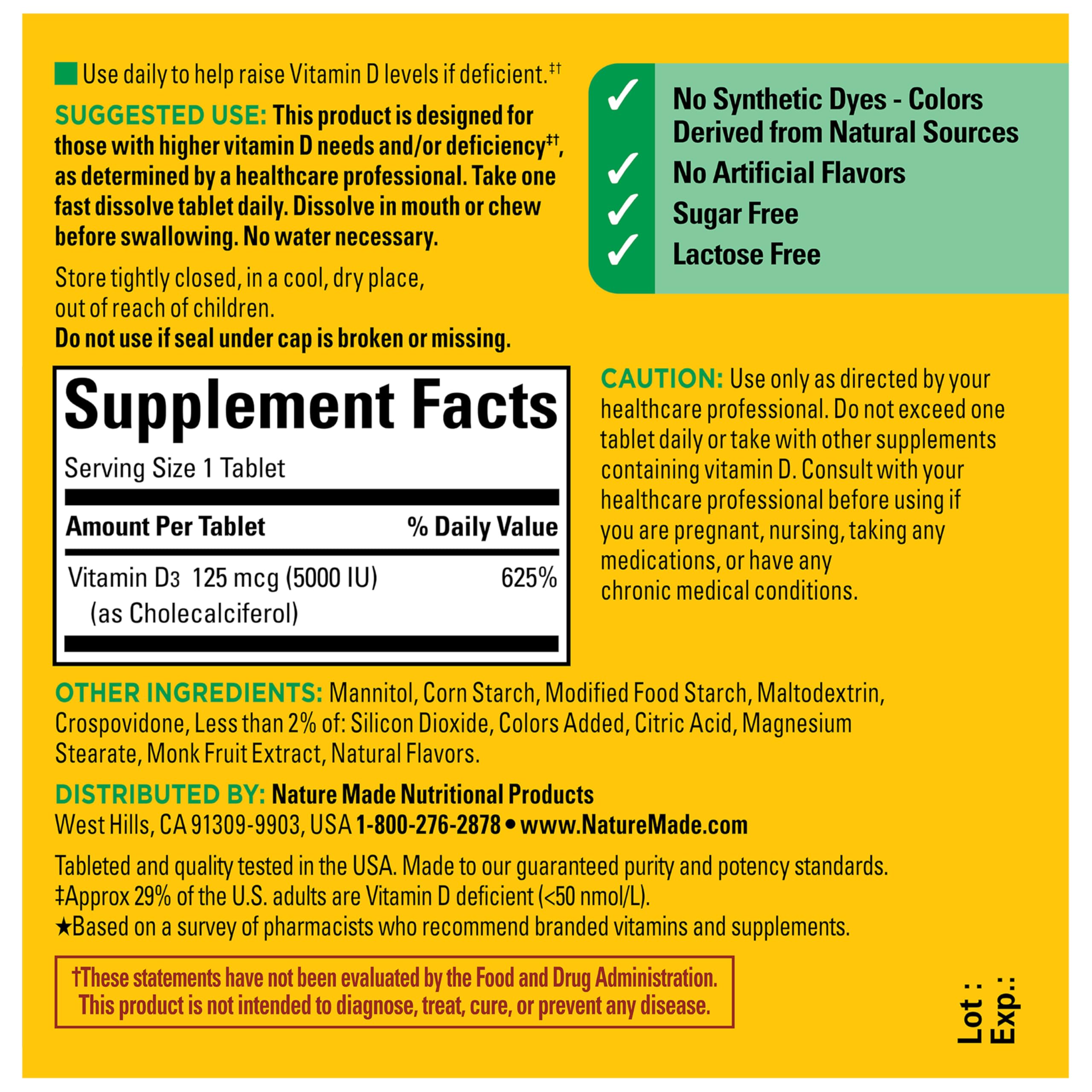 Nature Made Vitamin D3 5000 IU (125 mcg) Extra Strength, Vitamin D Supplement for Immune Support, 70 Sugar Free Fast Dissolve Tablets, 70 Day Supply - Image 8