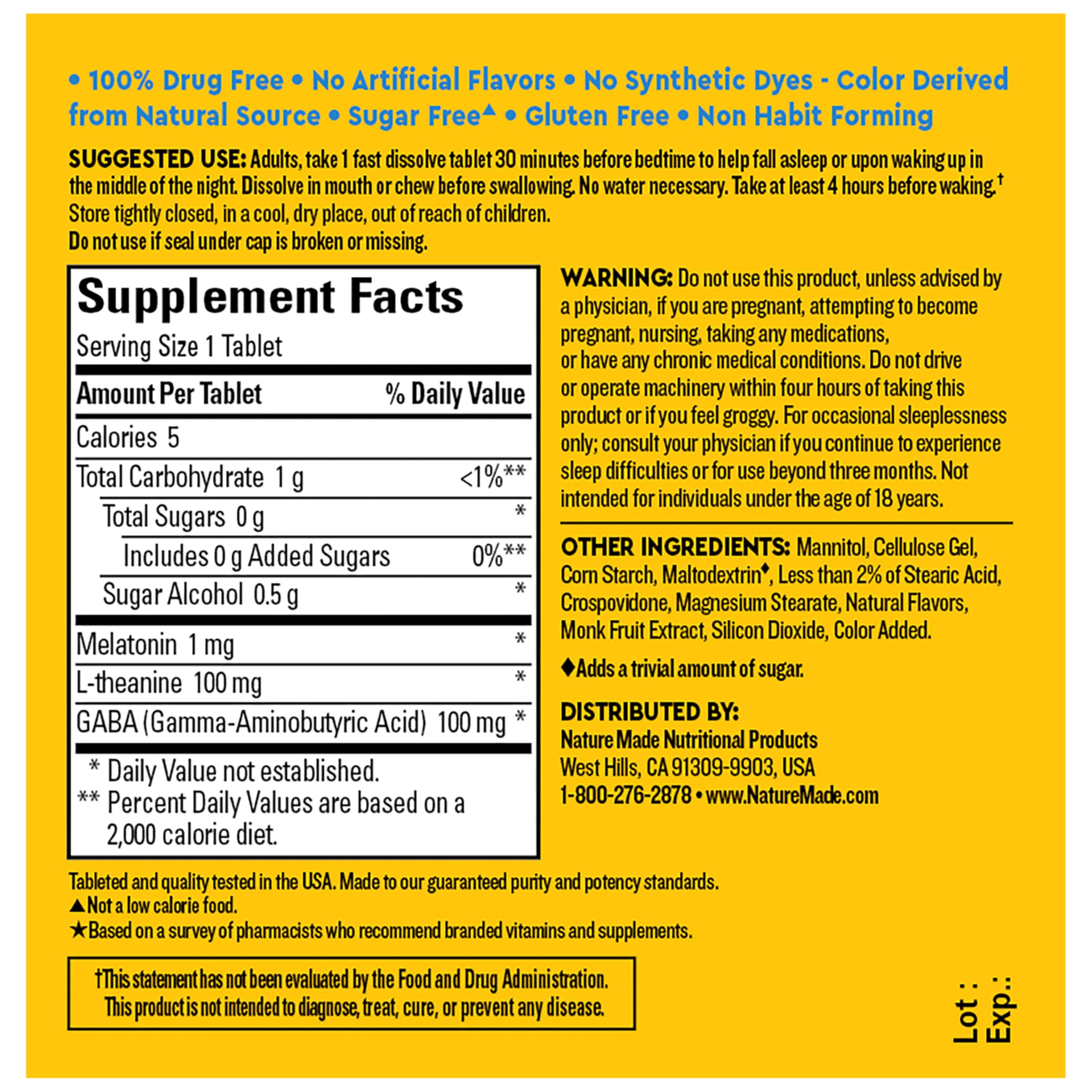 Nature Made Wellblends Back To Sleep, Lower Dose Melatonin 1 mg, L theanine 100 mg and GABA 100mg, Sleep Supplement, 40 Fast Dissolve Tablets - Image 6