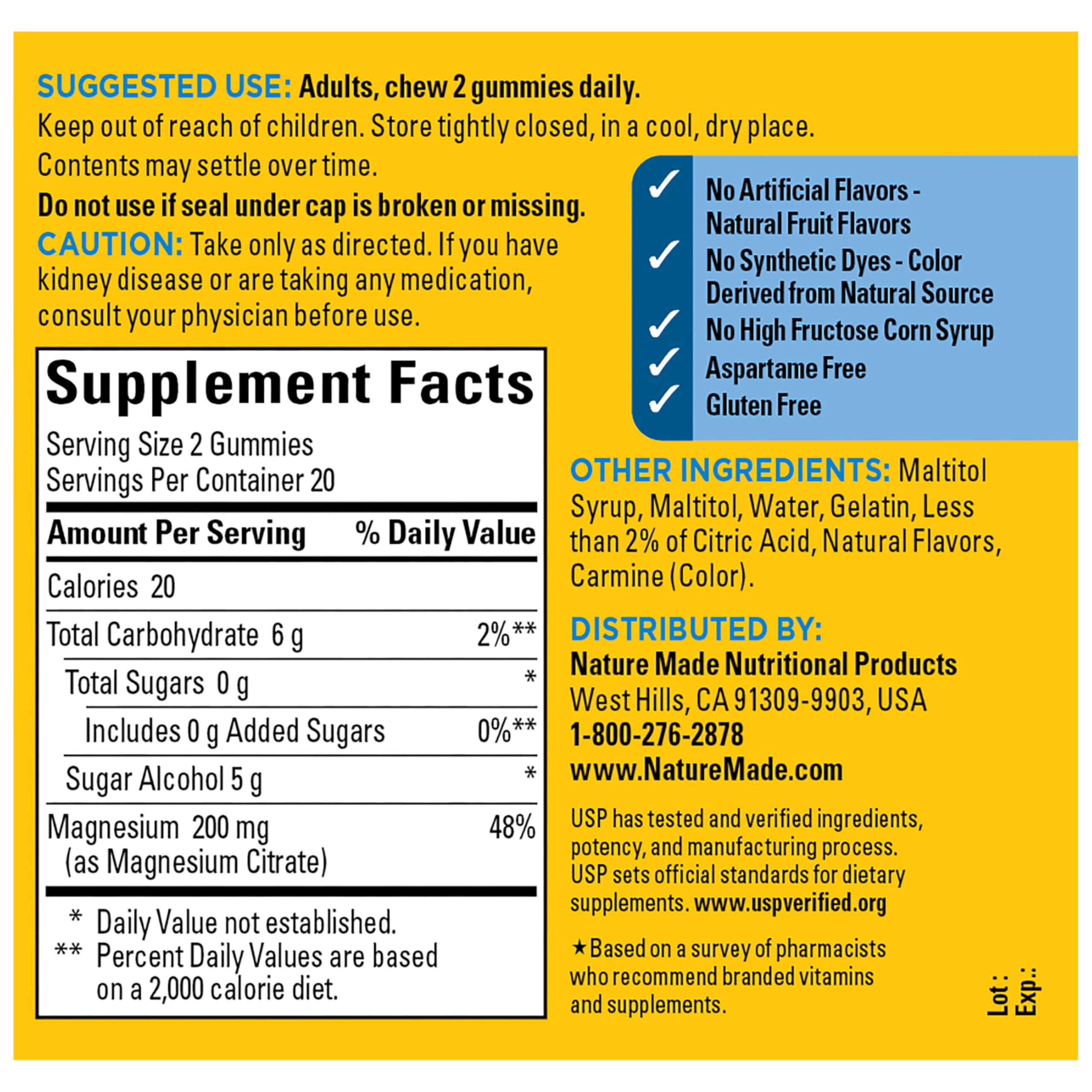 Nature Made Zero Sugar Magnesium Citrate Gummies 200 Mg Per Serving, Muscle & Bone Support, Aspartame Free, 40 Sugar Free High Absorption Magnesium Gummies, 20 Day Supply - Image 8