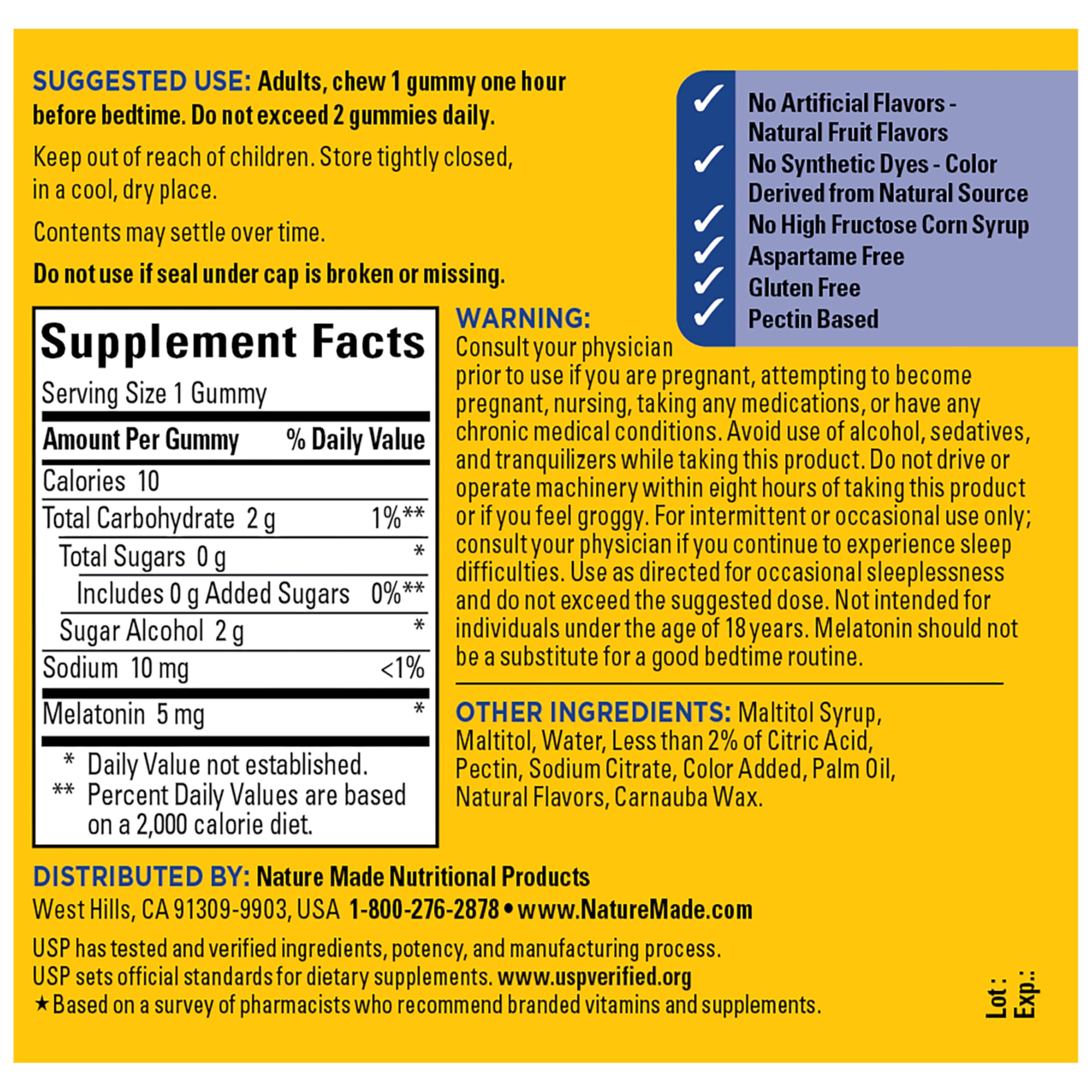 Nature Made Zero Sugar Melatonin 5mg Sleeping Gummies for Adults Extra Strength, 100% Drug Free Sleep Aid, Aspartame Free, 70 Sugar Free Melatonin Gummies, 70 Day Supply - Image 7